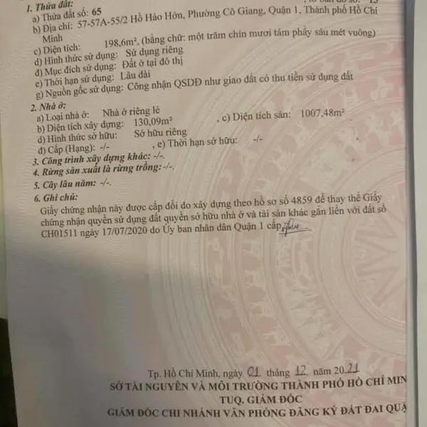 Bán nhà 57 - 57A - 55/2 Hồ Hảo Hớn, Phường Cô Giang, Quận 1