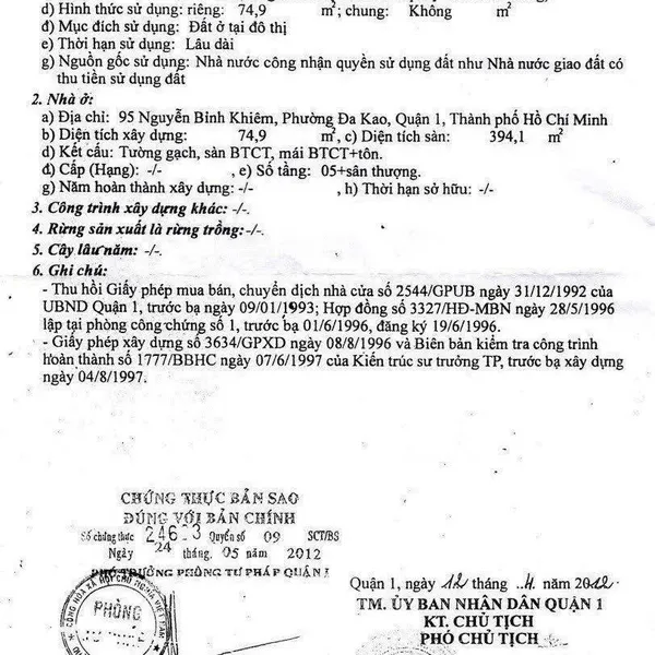 Bán nhà 95 Nguyễn Bỉnh Khiêm, P. Tân Định, Quận 1