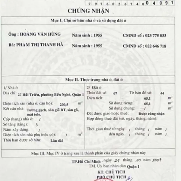 Bán nhà 27 Hải Triều, Phường Sài Gòn, Quận 1