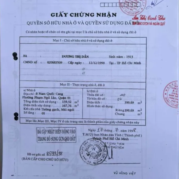 Bán nhà  8 đường Nam Quốc Cang,&nbsp;Phường Phạm Ngũ Lão,&nbsp;Quận 1