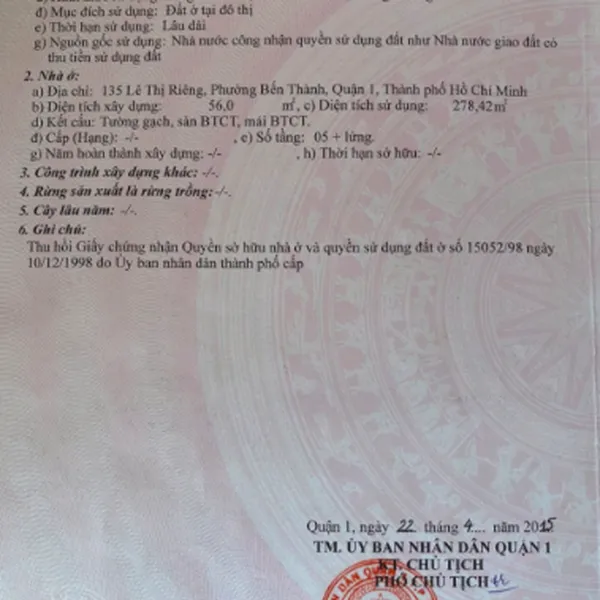 Bán nhà 135 Lê Thị Riêng, Phường Bến Thành, Quận 1