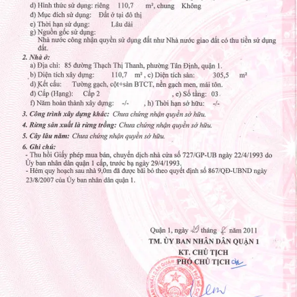 Bán nhà 85&nbsp;đường Thạch Thị Thanh, Phường Tân Định, Quận 1