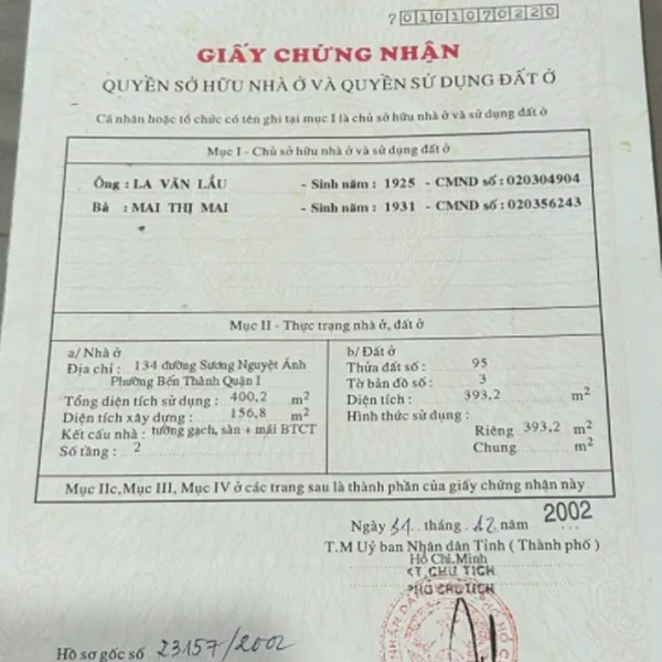 Bán nhà 134&nbsp;Sương Nguyệt Anh, Phường Bến Thành, Quận 1