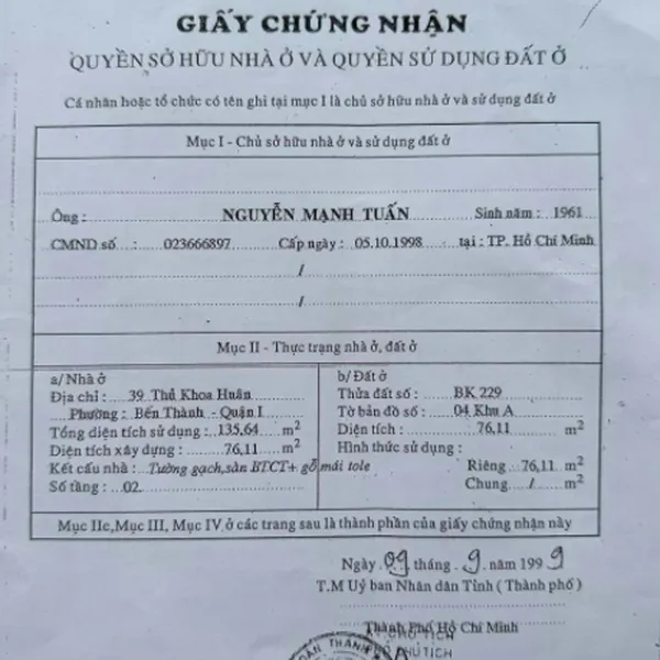 Bán khách sạn số 39 - 41&nbsp;đường Thủ Khoa Huân,&nbsp;Phường Bến Thành, Quận 1