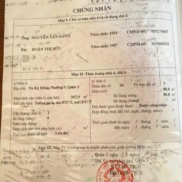 Bán nhà 9A Kỳ Đồng, Phường Nhiêu Lộc, Quận 3