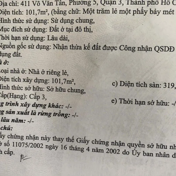 Bán nhà 411&nbsp;Võ Văn Tần, Phường 5, Quận 3