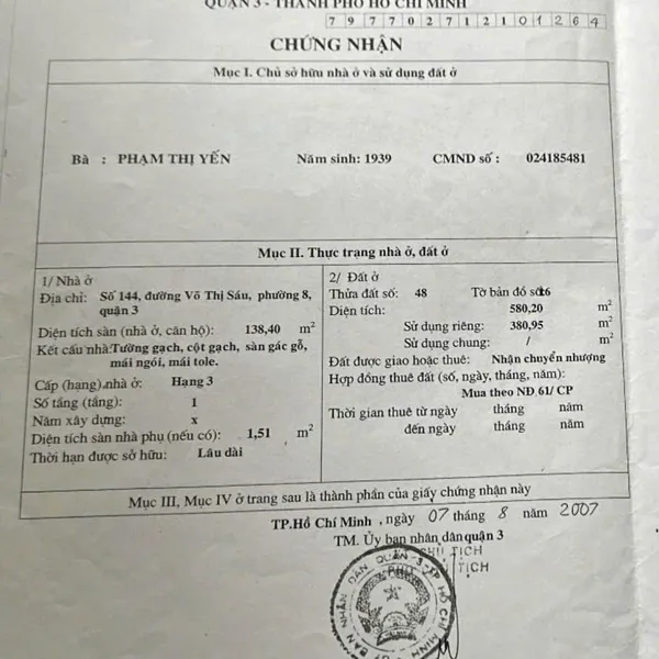 Bán nhà 144 Võ Thị Sáu, P. Xuân Hoà, Quận 3