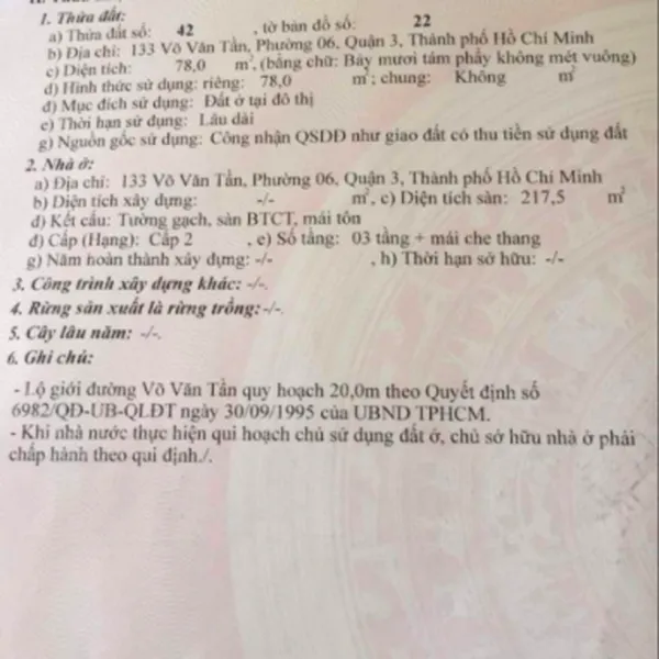 Bán nhà 133 Võ Văn Tần, Phường Võ Thị Sáu, Quận 3