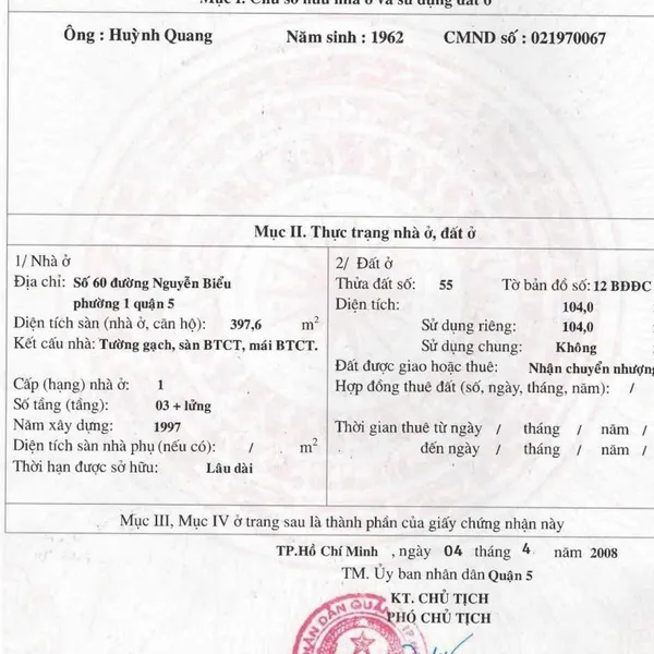 Bán nhà 60&nbsp;Nguyễn Biểu, Phường 1, Quận 5