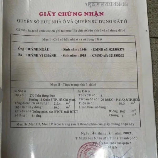 Bán nhà 270 Trần Hưng Đạo , Phường Chợ Lớn,&nbsp;Quận 5