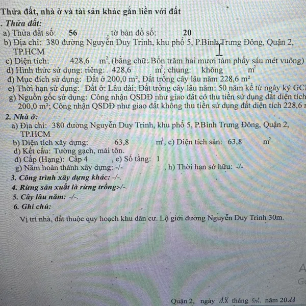 Bán nhà 378 - 380 Nguyễn Duy Trinh, P. Bình Trưng, TP. Thủ Đức