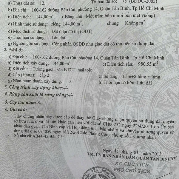 Bán khách sạn 160 - 162 Bàu Cát, P. Tân Sơn Nhất, Quận Tân Bình